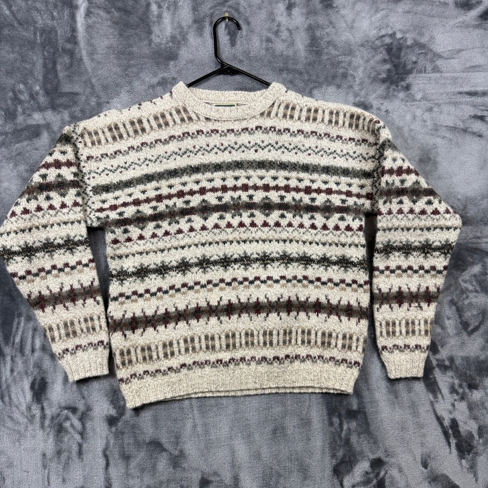 Lake Harmony USA Sweater Mens L Beige Fair Isle Wool Blend Knit Crewneck Vintage